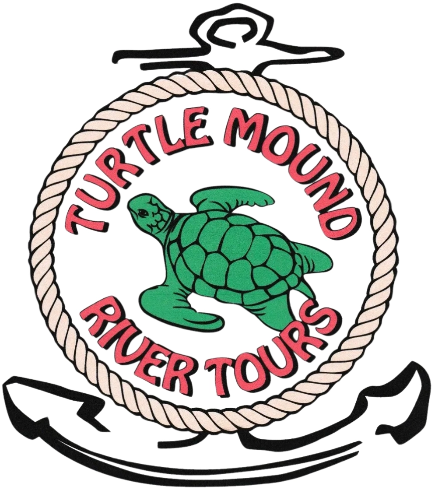 A logo of turtle mound river tours