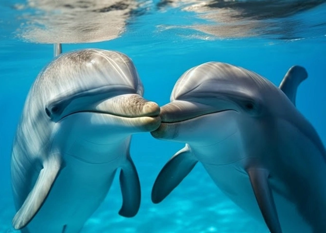 Two dolphins are kissing underwater in the ocean.