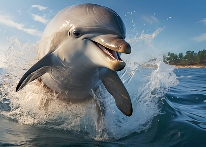 A dolphin is smiling in the water.