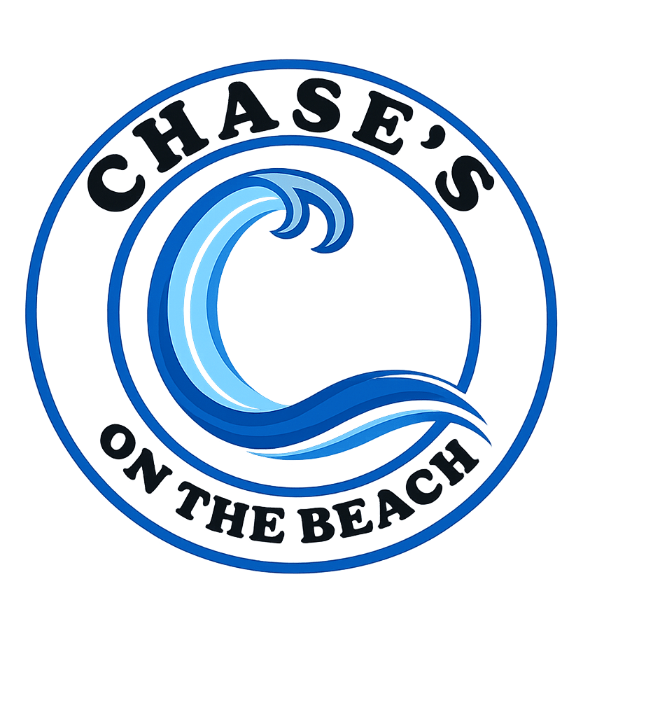 Logo with blue wave and 'Chase's on the Beach' text in a circle.