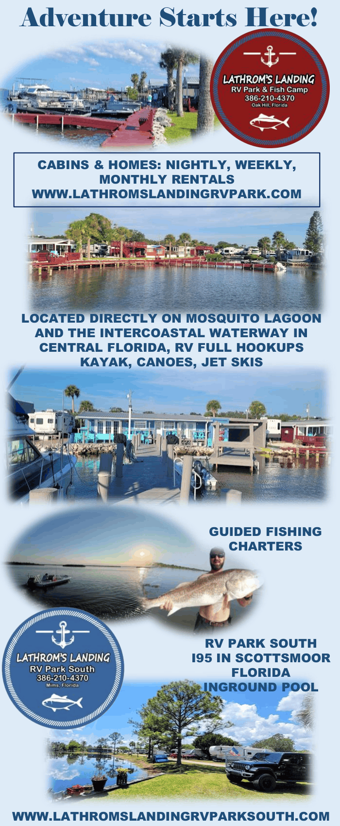 Flyer for Lathrom's Landing RV Park with images of lagoon, homes, and activities.
